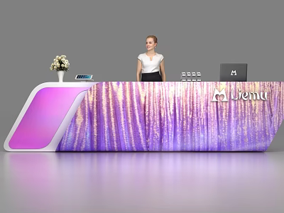 Elegant Reception Desk With Purple Pink Sparkling Surface Flower Vase Tablet And Menu Sign 3d model