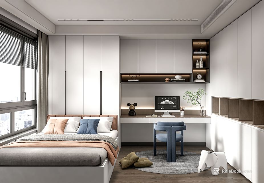 Minimalist Tatami Bedroom Interior With Tatami Bed White Cabinets Desk And Chair 3d model 