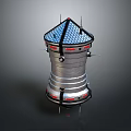 Metallic Conical Device With Blue Grid Top Black Straps And Silver Cylindrical Body