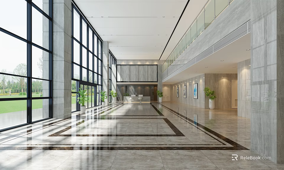 Spacious Lobby Interior With Large Glass Windows Marble Floor Patterns Plants And Paintings 3d model
