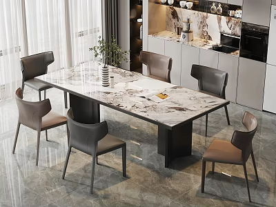 Modern Dining Table Set With Marble Top Six Gray Brown Chairs And Plant 3d model