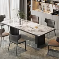 Modern Dining Table Set With Marble Top Six Gray Brown Chairs And Plant