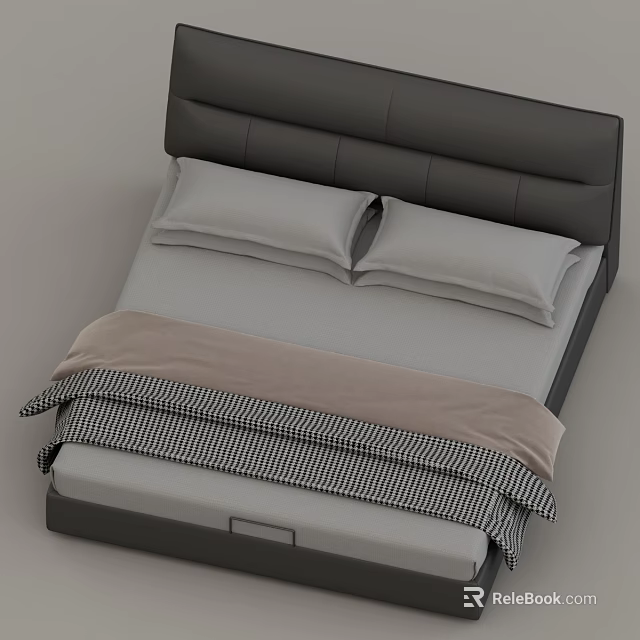 Modern Bed With Black Leather Headboard Two Gray Pillows And Checkered Blanket 3d model