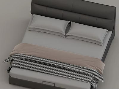 Modern Bed With Black Leather Headboard Two Gray Pillows And Checkered Blanket 3d model