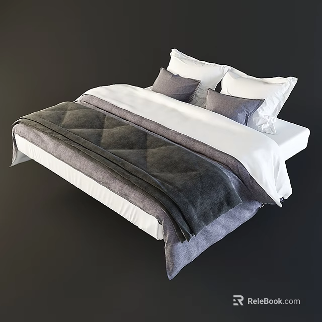 Double Bed With White Sheets Gray Quilted Blanket And Pillows In Bedroom 3d model 