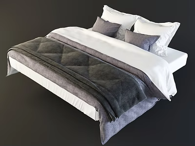 Double Bed With White Sheets Gray Quilted Blanket And Pillows In Bedroom 3d model