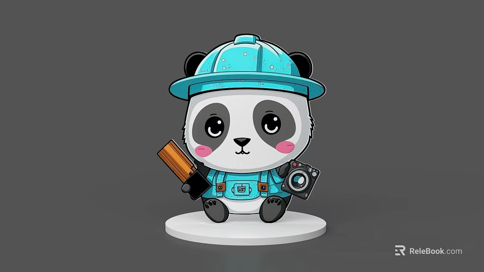 Cute Cartoon Panda Game Character With Blue Construction Hat Overalls Holding Hammer And Camera 3d model 