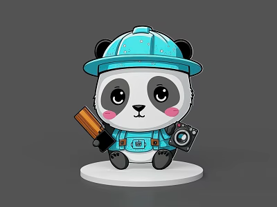 Cute Cartoon Panda Game Character With Blue Construction Hat Overalls Holding Hammer And Camera 3d model