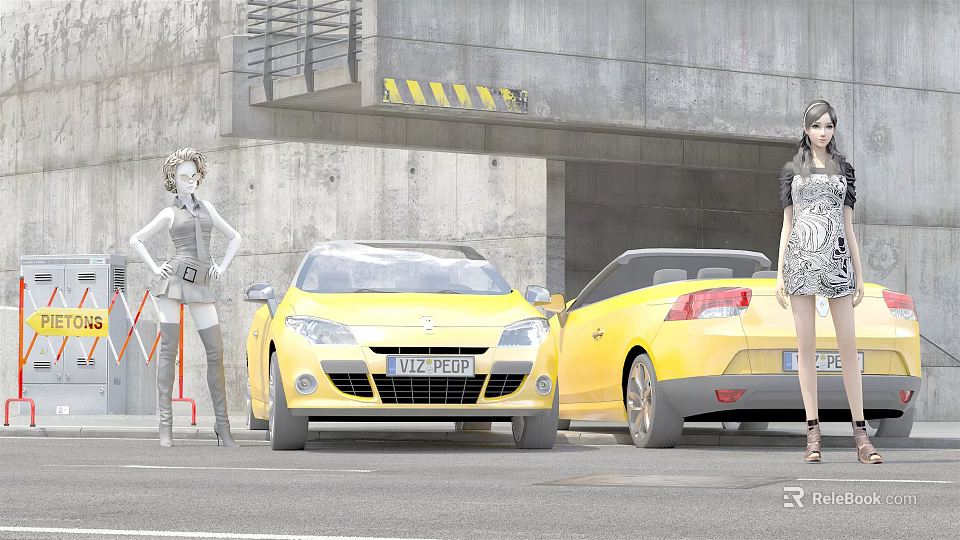 Two Yellow Convertible Cars Parked By Concrete Building With Female Figures 3d model 