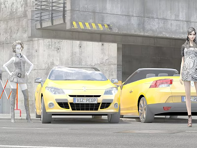 Two Yellow Convertible Cars Parked By Concrete Building With Female Figures 3d model