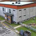 Modern Hospital Building With Flat Roof Parking Area Green Lawn And Vehicles