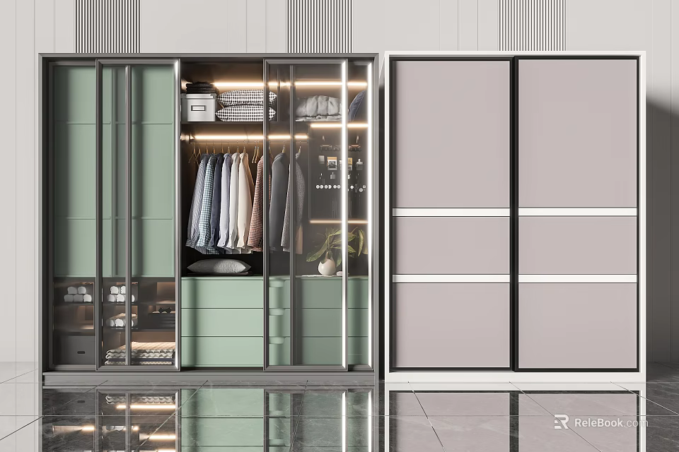 Modern Wardrobe Interior Design With Sliding Glass Doors Storage Shelves And Hanging Space 3d model 