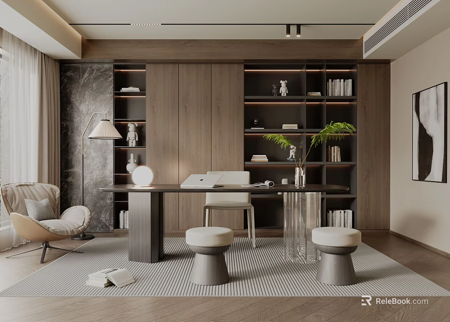 Modern Study Room Interior With Wooden Bookshelves Desk Table Lamp And Green Plant 3d model 