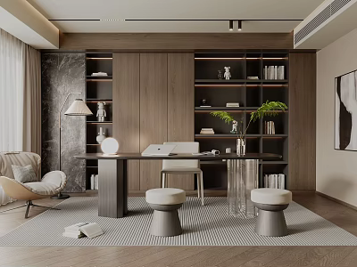 Modern Study Room Interior With Wooden Bookshelves Desk Table Lamp And Green Plant 3d model