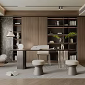 Modern Study Room Interior With Wooden Bookshelves Desk Table Lamp And Green Plant
