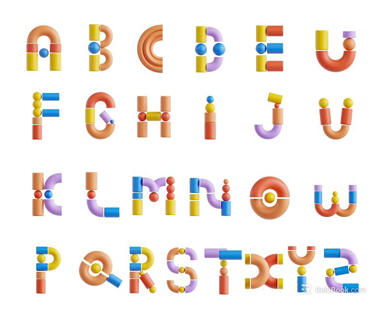 Colorful Alphabet Letters in Playful Cartoon Design with Geometric Shapes and Bright Colors 3d model 