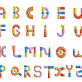 Colorful Alphabet Letters in Playful Cartoon Design with Geometric Shapes and Bright Colors