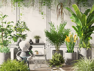 Bonsai and Potted Plants in Modern Indoor Decor with Green Leaves and Flowers 3d model