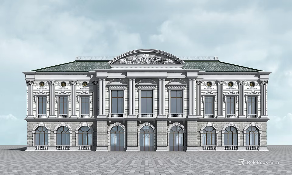Grand Classical Style Hotel Building With Arched Windows Symmetrical Design And Ornate Roof 3d model 