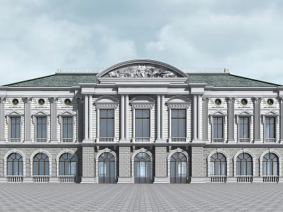 Grand Classical Style Hotel Building With Arched Windows Symmetrical Design And Ornate Roof 3d model