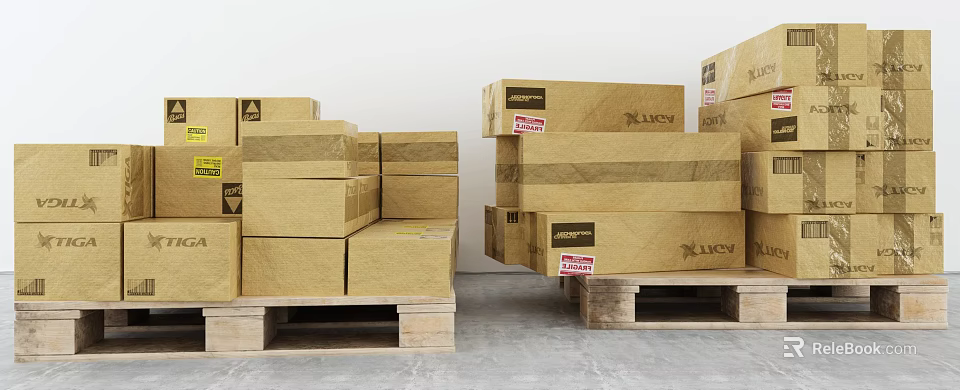 Stacked Cardboard Cartons With LUCKY Labels On Wooden Pallets In Storage 3d model 