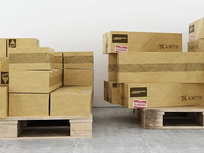 Stacked Cardboard Cartons With LUCKY Labels On Wooden Pallets In Storage 3d model