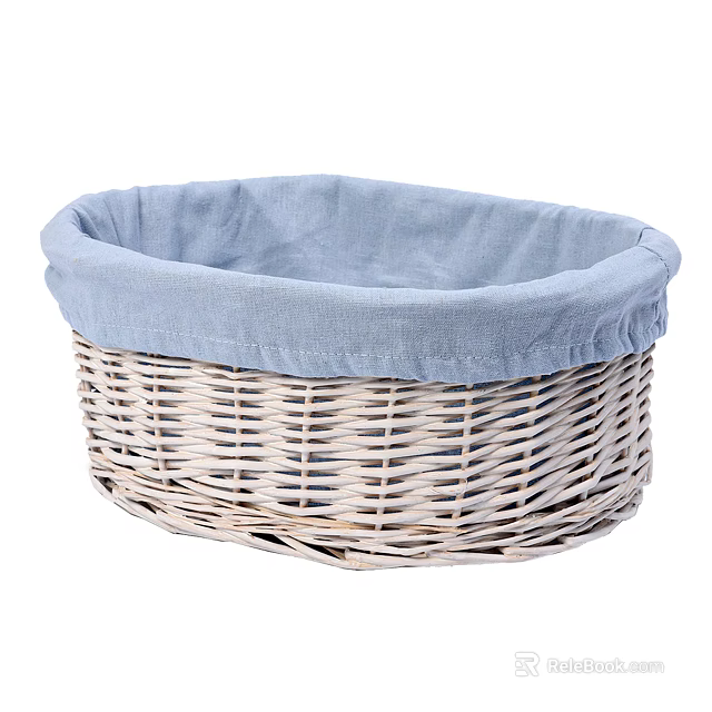 Light Colored Round Wicker Storage Basket With Blue Fabric Liner Rim 3d model