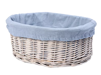 Light Colored Round Wicker Storage Basket With Blue Fabric Liner Rim 3d model