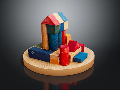Colorful Wooden Blocks Building Small House With Various Shapes On Round Wooden Tray 3d model