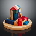 Colorful Wooden Blocks Building Small House With Various Shapes On Round Wooden Tray