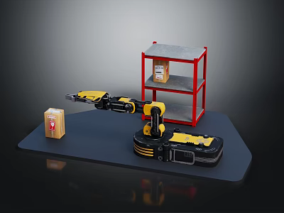Yellow And Black Robotic Arm Moving Box By Red Storage Shelf In Industrial Scene 3d model