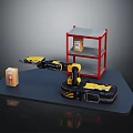 Yellow And Black Robotic Arm Moving Box By Red Storage Shelf In Industrial Scene