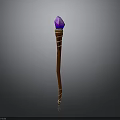 Enchanted Brown Staff With Purple Gem On Top Wooden Texture And Decorative Carvings