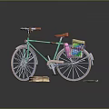 Green Bicycle with Red Seat Colorful Items on Rear Rack and Books on Floor