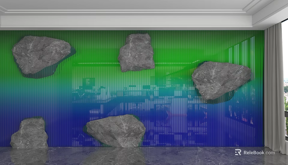 Modern Artistic Background Wall With Green To Blue Gradient Gray Stones And Building Silhouettes 3d model 