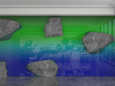 Modern Artistic Background Wall With Green To Blue Gradient Gray Stones And Building Silhouettes 3d model