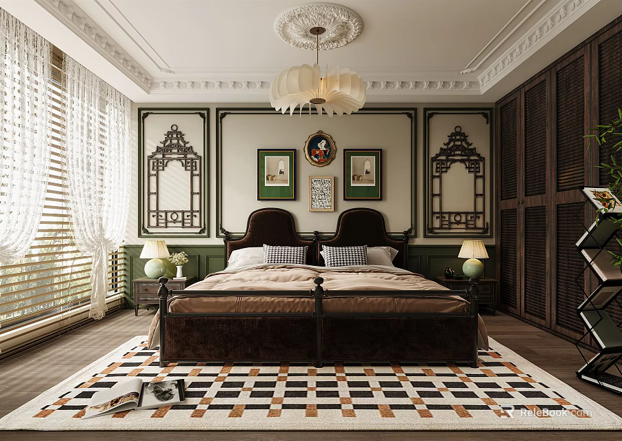 Traditional Bedroom Interior With Shuttered Windows Chandelier Wooden Bed And Patterned Rug 3d model 
