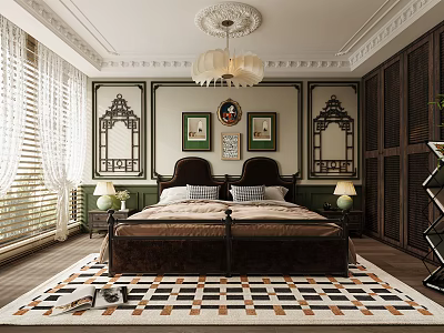 Traditional Bedroom Interior With Shuttered Windows Chandelier Wooden Bed And Patterned Rug 3d model