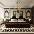 Traditional Bedroom Interior With Shuttered Windows Chandelier Wooden Bed And Patterned Rug