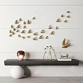 Golden Bird Wall Decor Flying Formation on White Wall with Shelf Lamp Vases Figurine