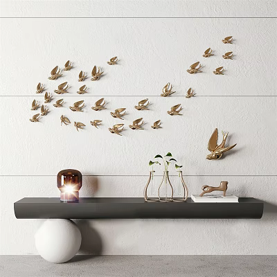 Golden Bird Wall Decor Flying Formation on White Wall with Shelf Lamp Vases Figurine 3d model