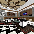 Modern KTV Interior Design With Barrel Ceiling Checkered Floor TV Screens And Sofa