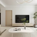 Modern Open Living and Dining Area With White Sofa Round Coffee Table TV Pendant Lights