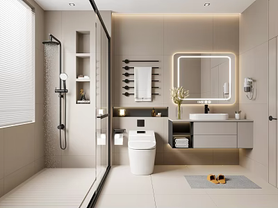 Modern Bathroom Interior With Glass Shower Smart Toilet And Illuminated Mirror 3d model