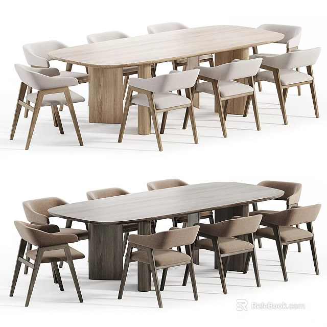 Modern Wooden Oval Dining Table With Light Colored Chairs And Simple Design 3d model