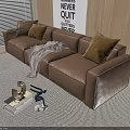 Beige Sectional Leather Sofa With Pillows Throw Blanket Area Rug And Window Blinds 3d model