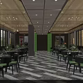 Banquet Hall Interior Design With Geometric Black White Flooring Dining Tables Green Plants Large Windows
