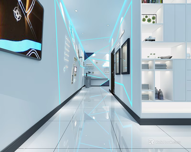 Modern Elevator Corridor Interior With Sleek Floor Blue Accent Lights And Display Cabinets 3d model