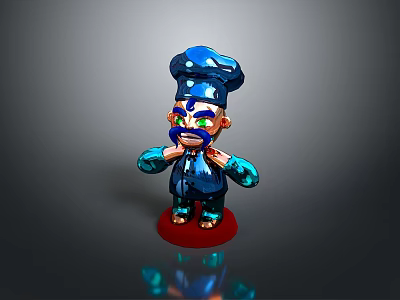 Cartoon Chef Character Wearing Blue Uniform Hat With Green Eyes Standing On Red Base 3d model