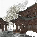 Traditional Chinese Ancient Architecture Courtyard With Pond Hanging Lanterns And Trees
